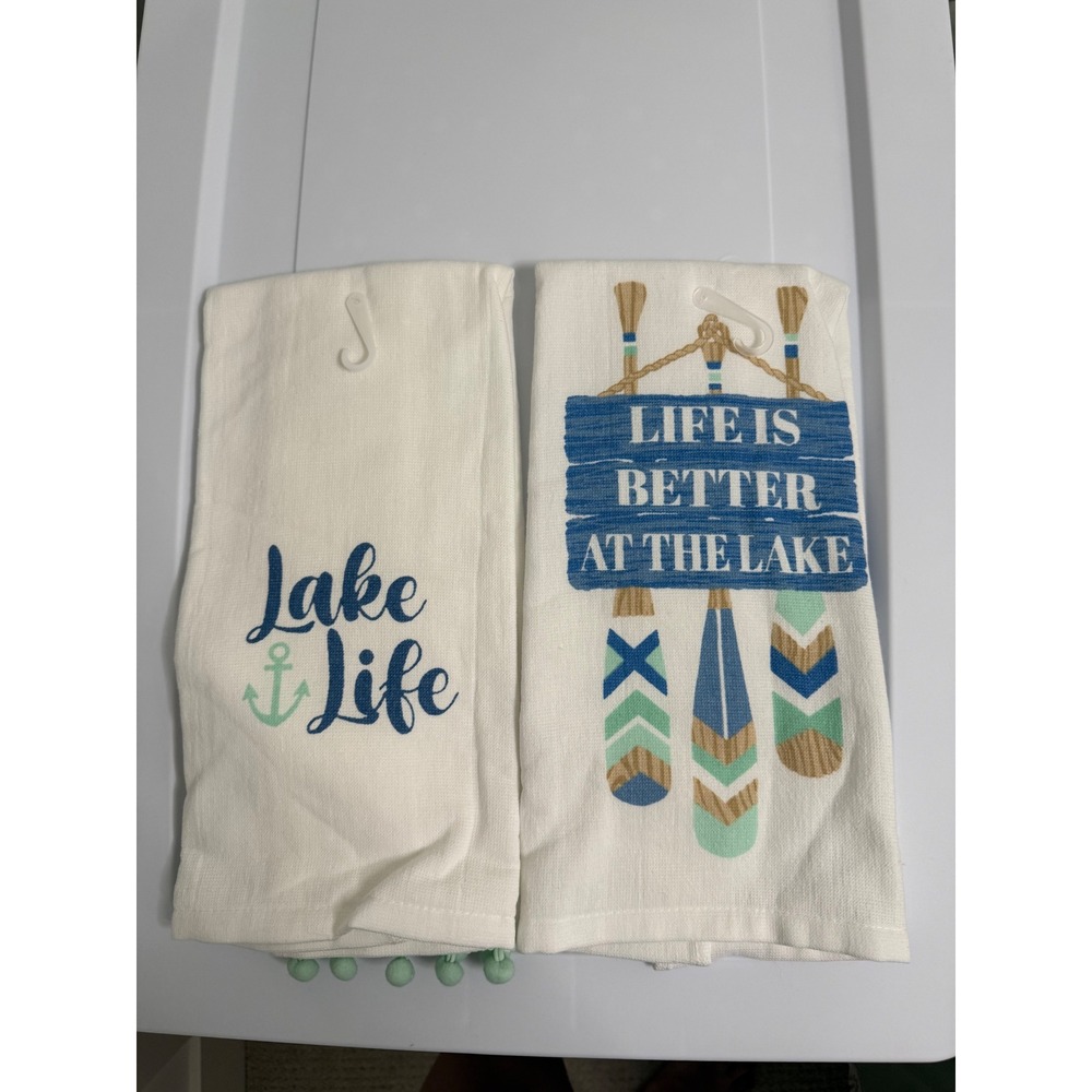 Lake Life Kitchen Towel Set White Blue 100% Cotton Pom Pom Trim 2 Pack 16x26in